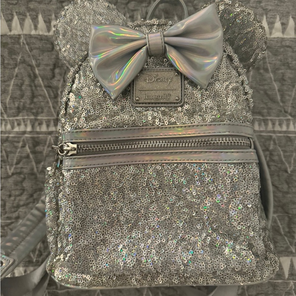 Disney Loungefly Silver Sequin Mini Backpack (Use… - image 1